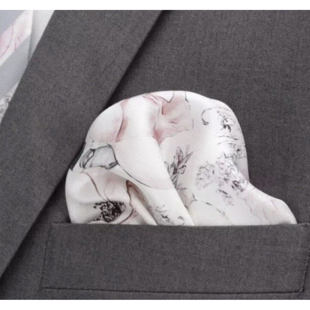 Ox & Bull Pink And Gray Floral Watercolor 100% Silk Pocket Square New - Picture 8 of 8
